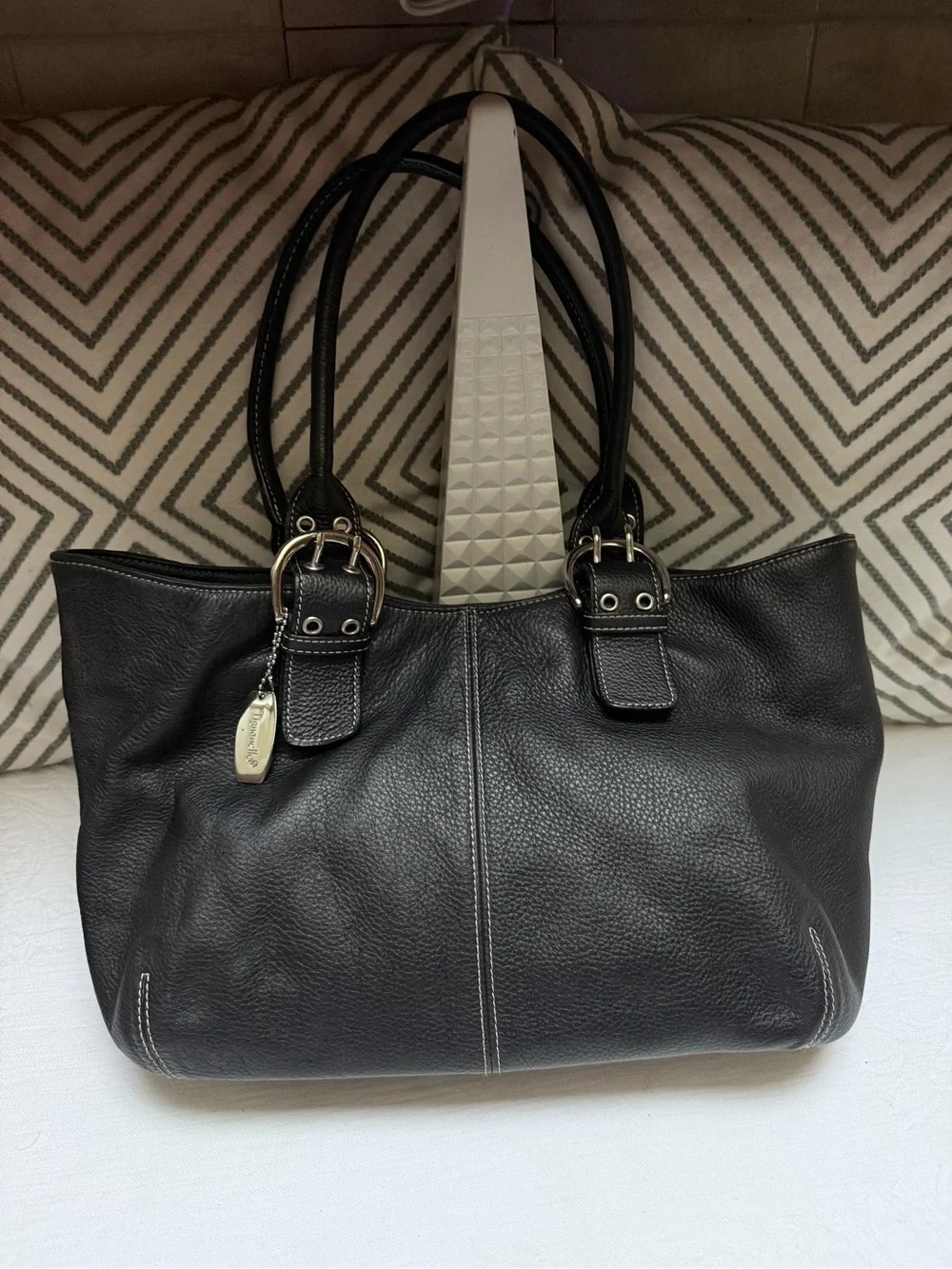 Tignanello Black Leather Satchel Tote with Double Straps